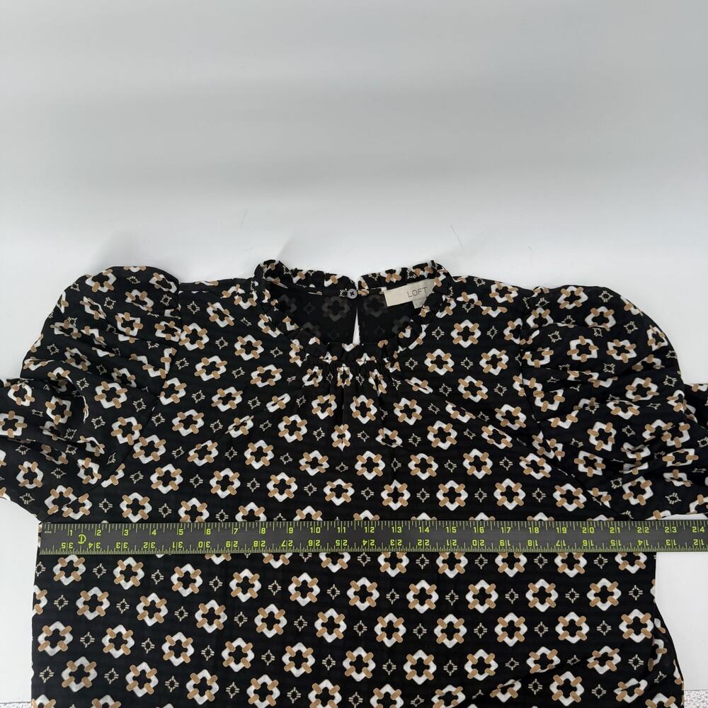 LOFT Women's L Black White Brown Geometric Pattern Ruffled Mock Neck Blouse Top
